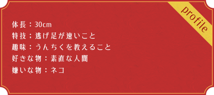 体長：30cm 特技；逃げ足が速いこと 趣味：うんちくを教えること 好きな物：素直な人間 嫌いな物：ネコ